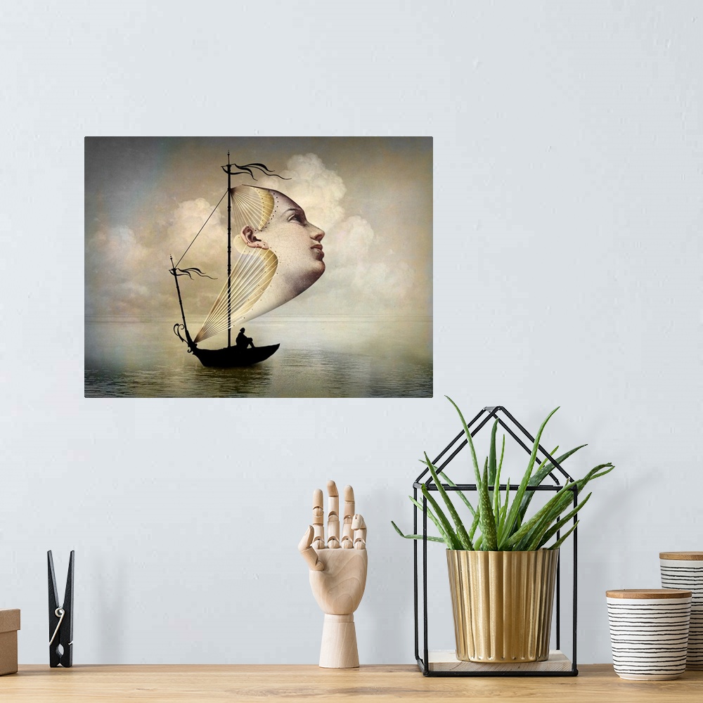 A bohemian room featuring A digital composite of a woman's head as the sail of a small boat.