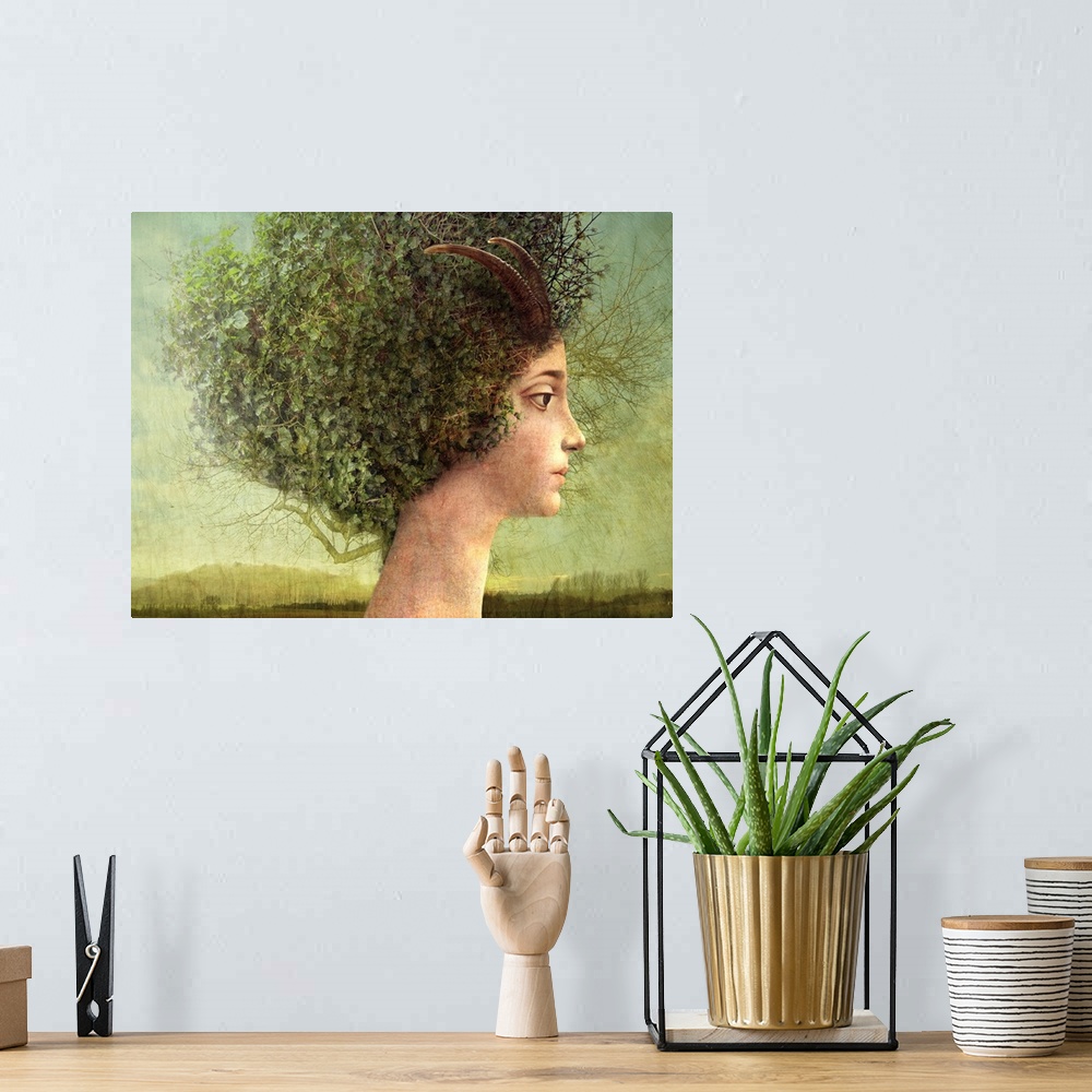 A bohemian room featuring A profile of a young woman who has a tree for hair.