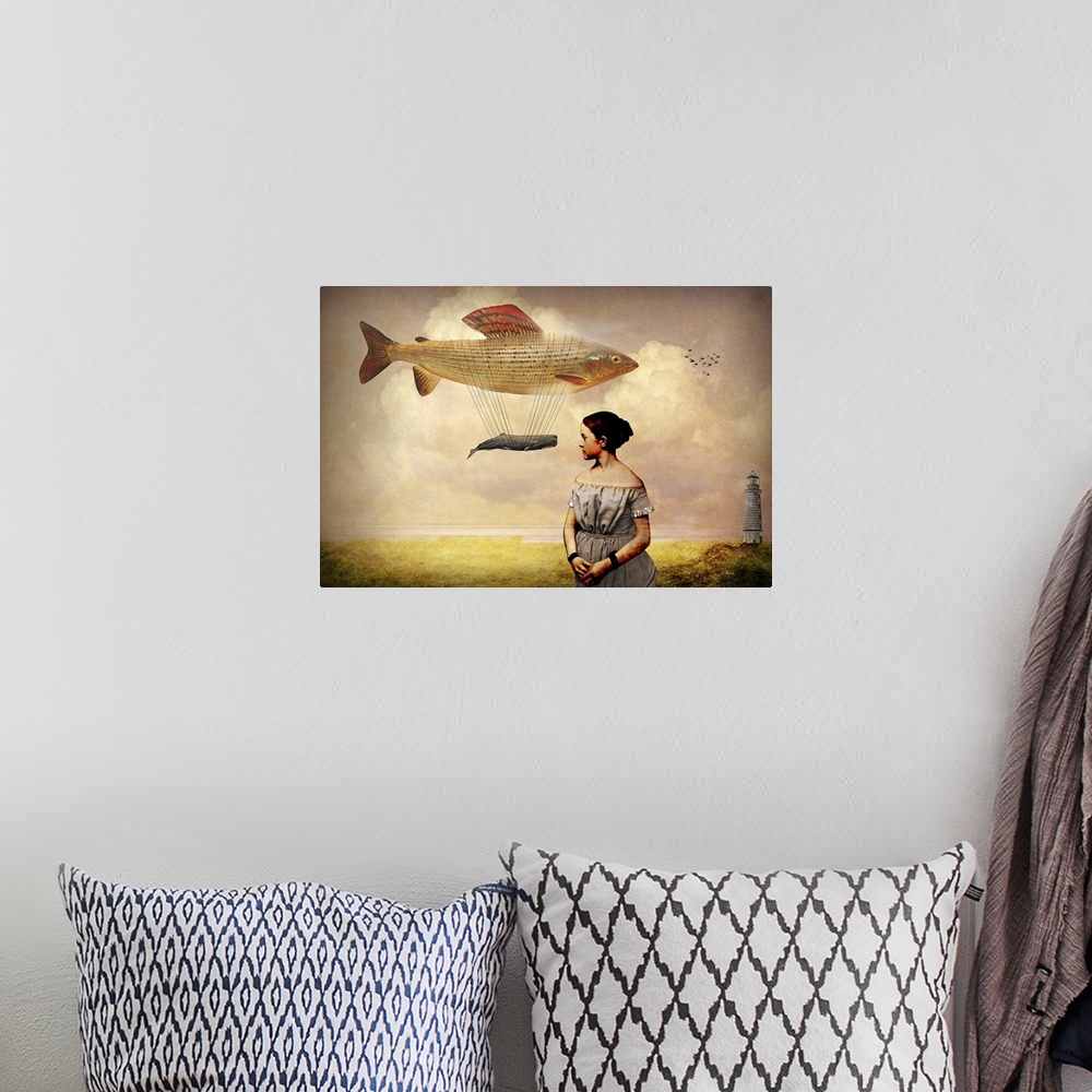 A bohemian room featuring A digital abstract composite of a woman with a fish and whale floating in the sky.
