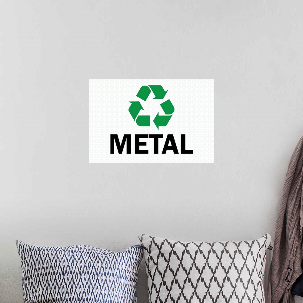 A bohemian room featuring Green recycling symbol with "Metal" written underneath in black