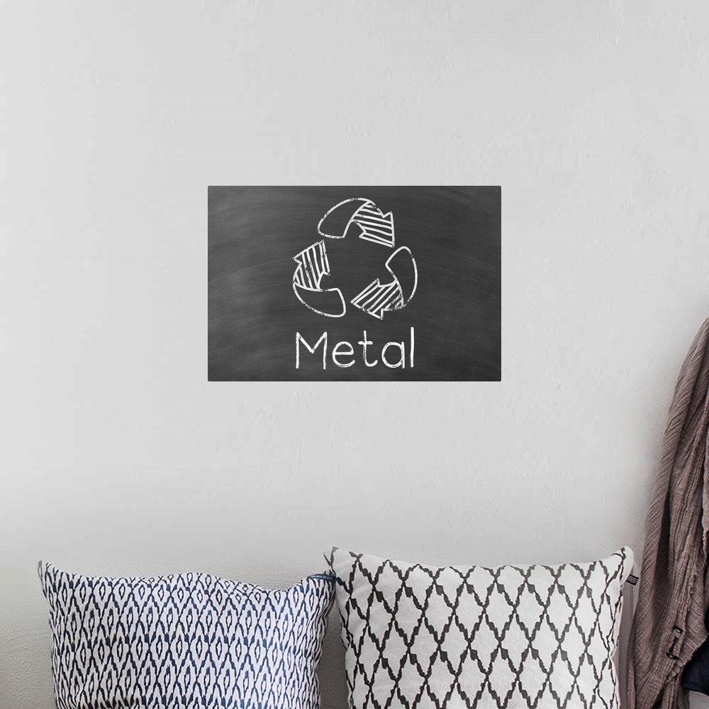 A bohemian room featuring Recycling symbol with "Metal" written underneath in white on a black chalkboard background.