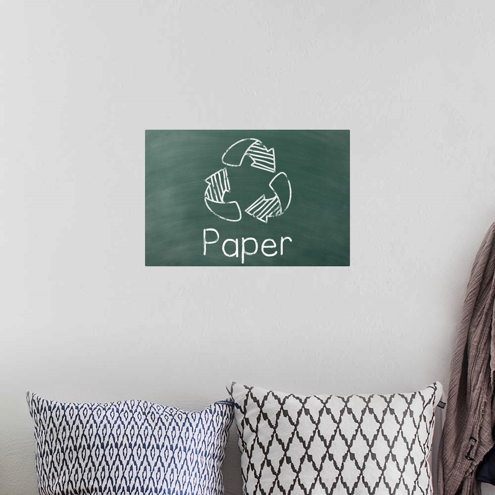 A bohemian room featuring Recycling symbol with "Paper" written underneath in white on a green chalkboard background.