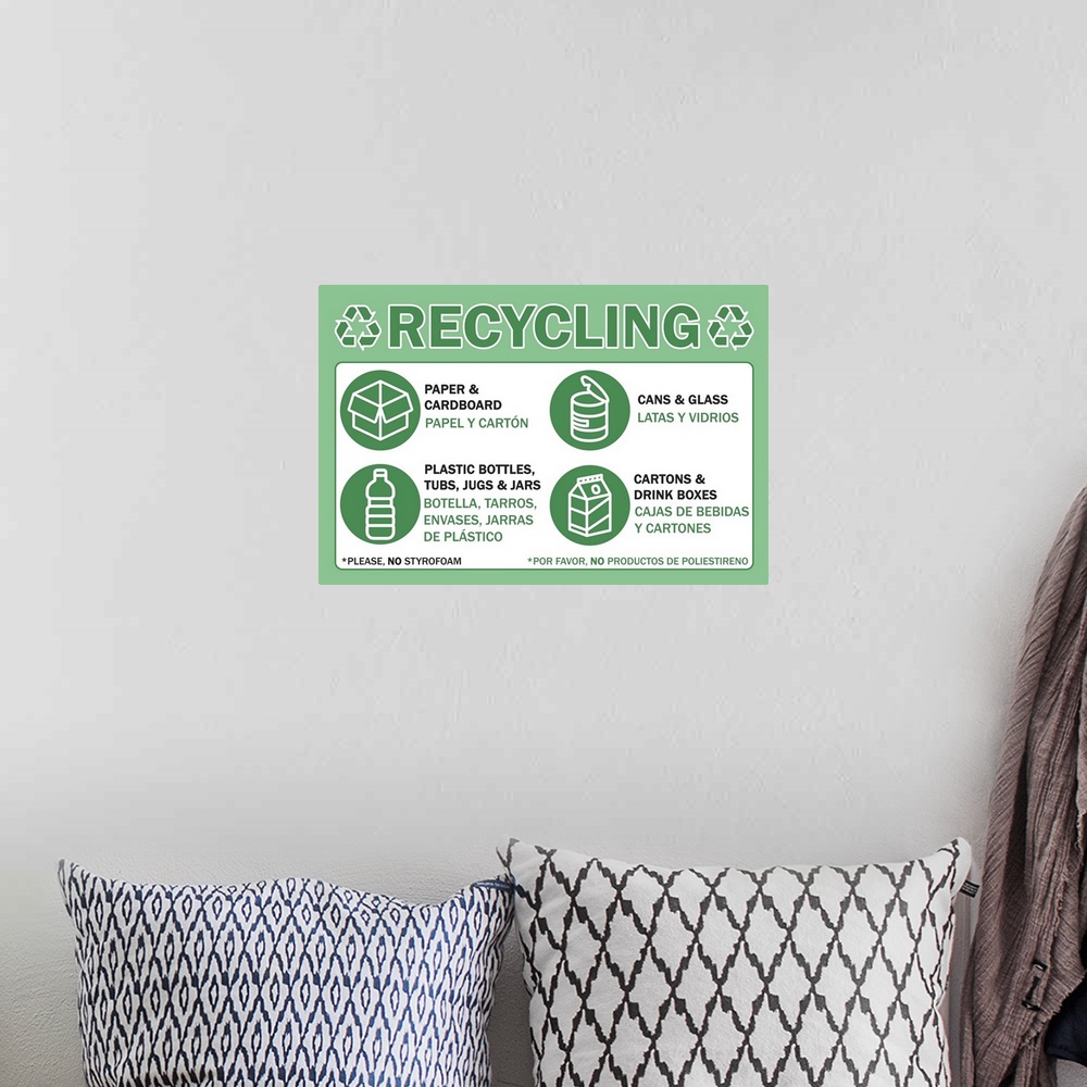 A bohemian room featuring Recycling chart in English and Spanish, green and white