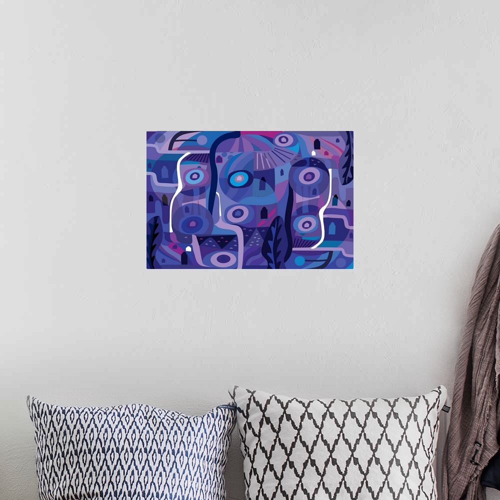 A bohemian room featuring A digital abstract landscape with circular shapes in vibrant shades of purple.