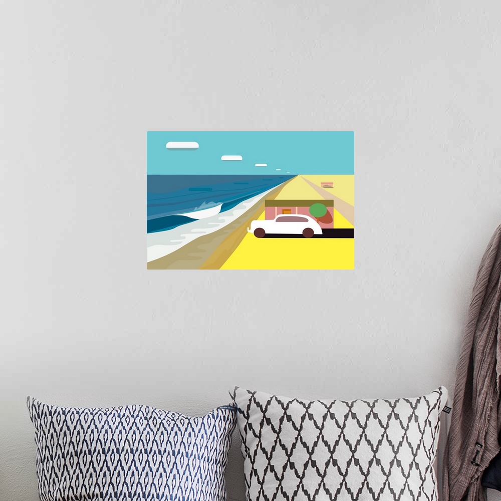 A bohemian room featuring A horizontal digital illustration of a beach with a single house and a parked car.