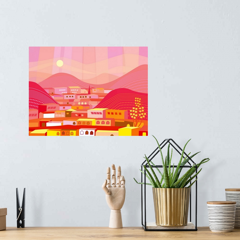 A bohemian room featuring Brightly colored and abstract impression of mountain town in Mexico.