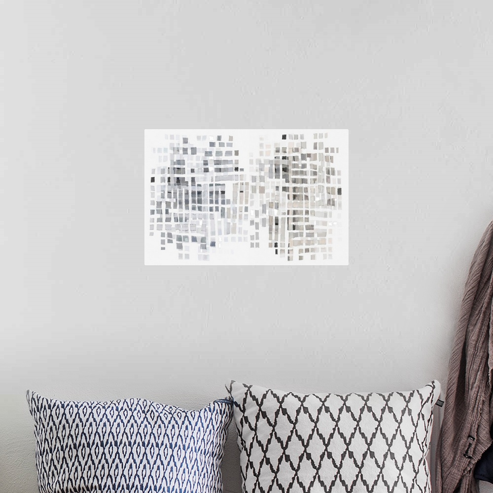 A bohemian room featuring A contemporary abstract piece with a grid of grey and beige squares on a white background
