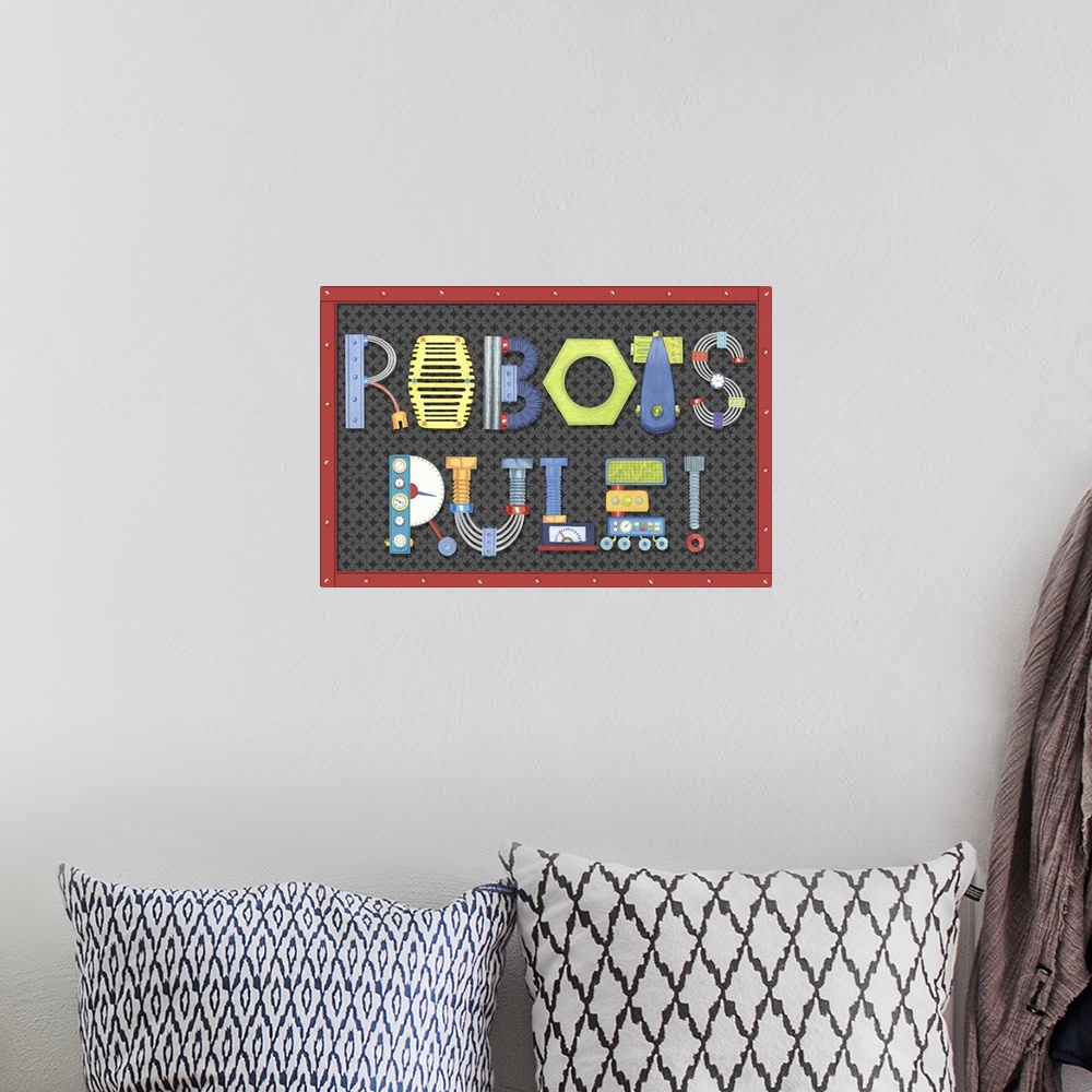 A bohemian room featuring Playful and bright robots are the stars of this Kid room art!