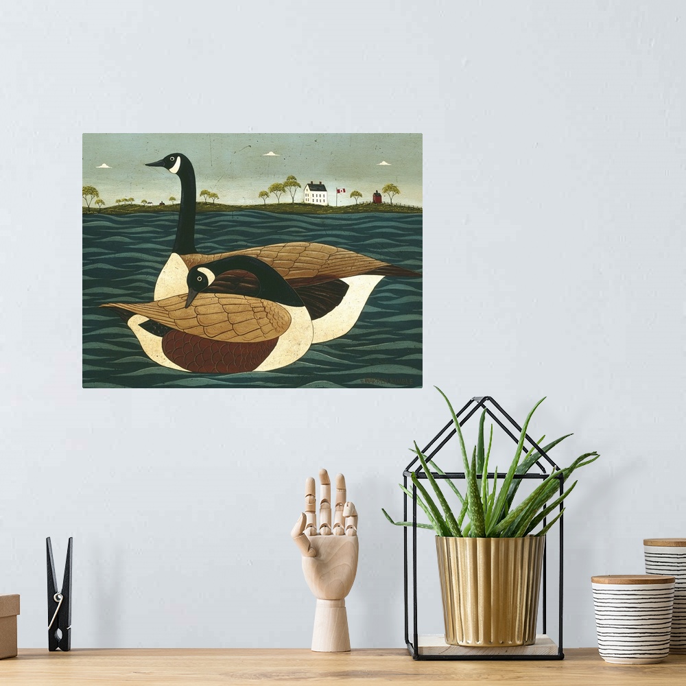 A bohemian room featuring Painting on canvas of two geese floating in the water with land in the background.