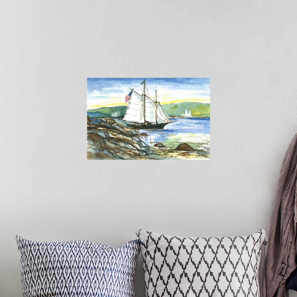 A bohemian room featuring Watercolor painting of a sailing ship near the rocky coastline.