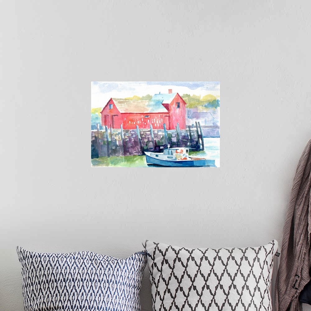 A bohemian room featuring Watercolor painting of a red house and a fishing boat on in a seaside town.