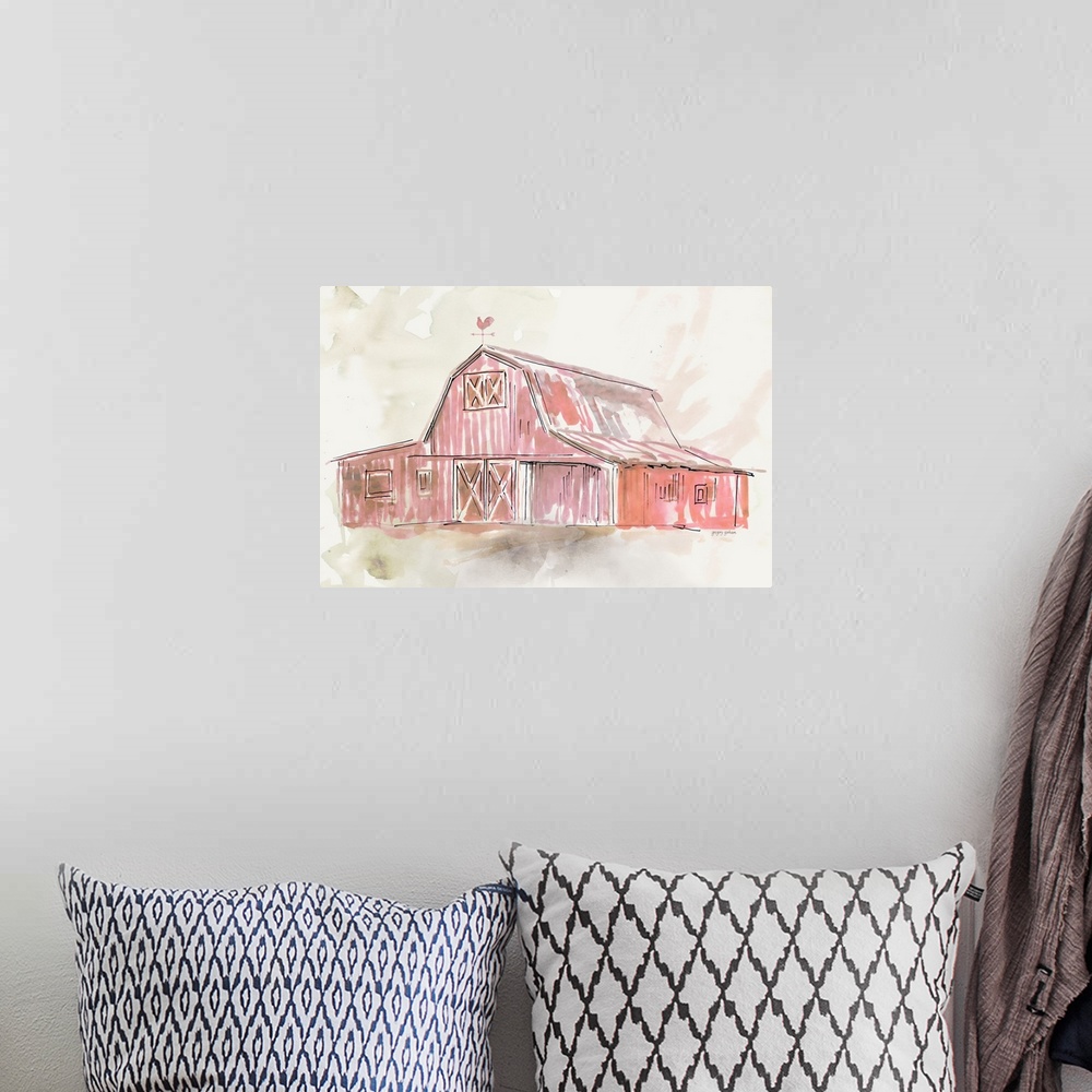 A bohemian room featuring Pastel watercolor portrait of a red barn.