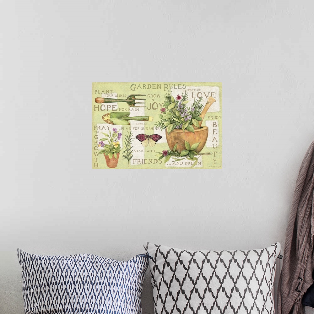 A bohemian room featuring Garden Rules offer a fun signage design statement.