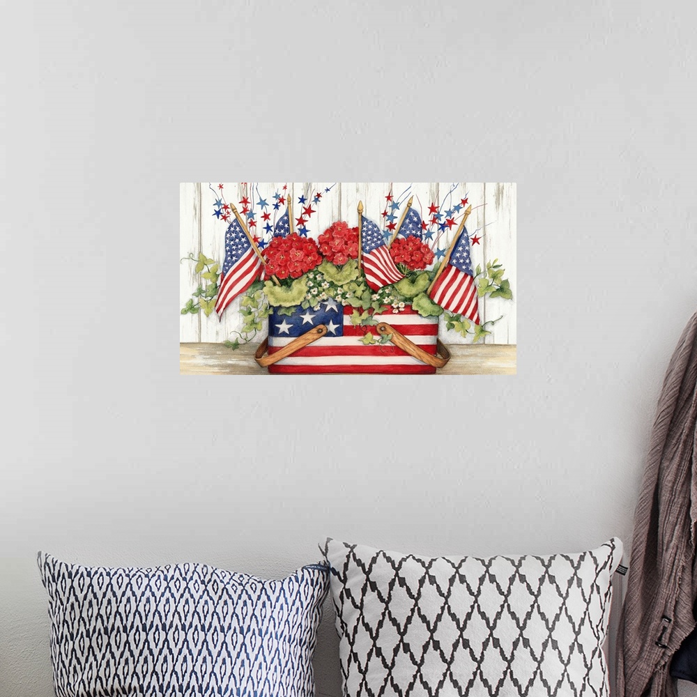 A bohemian room featuring Patriotism soars with this red, white and blue flag basket!