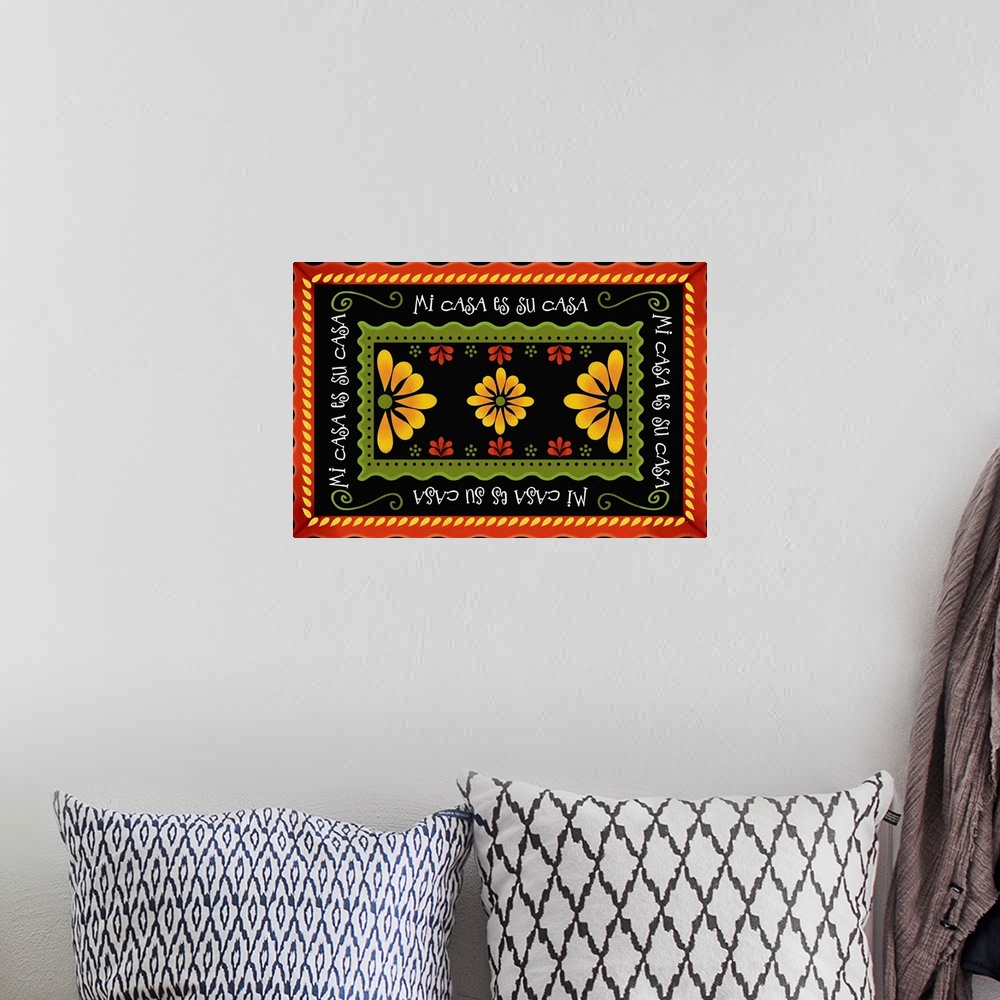 A bohemian room featuring Bold color palette and welcoming message, perfect for home décor