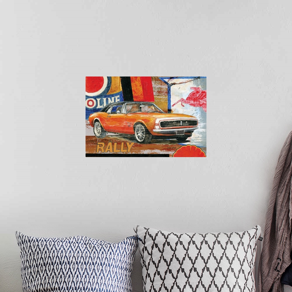 A bohemian room featuring Celebrating muscle cars of the past in all their glory.