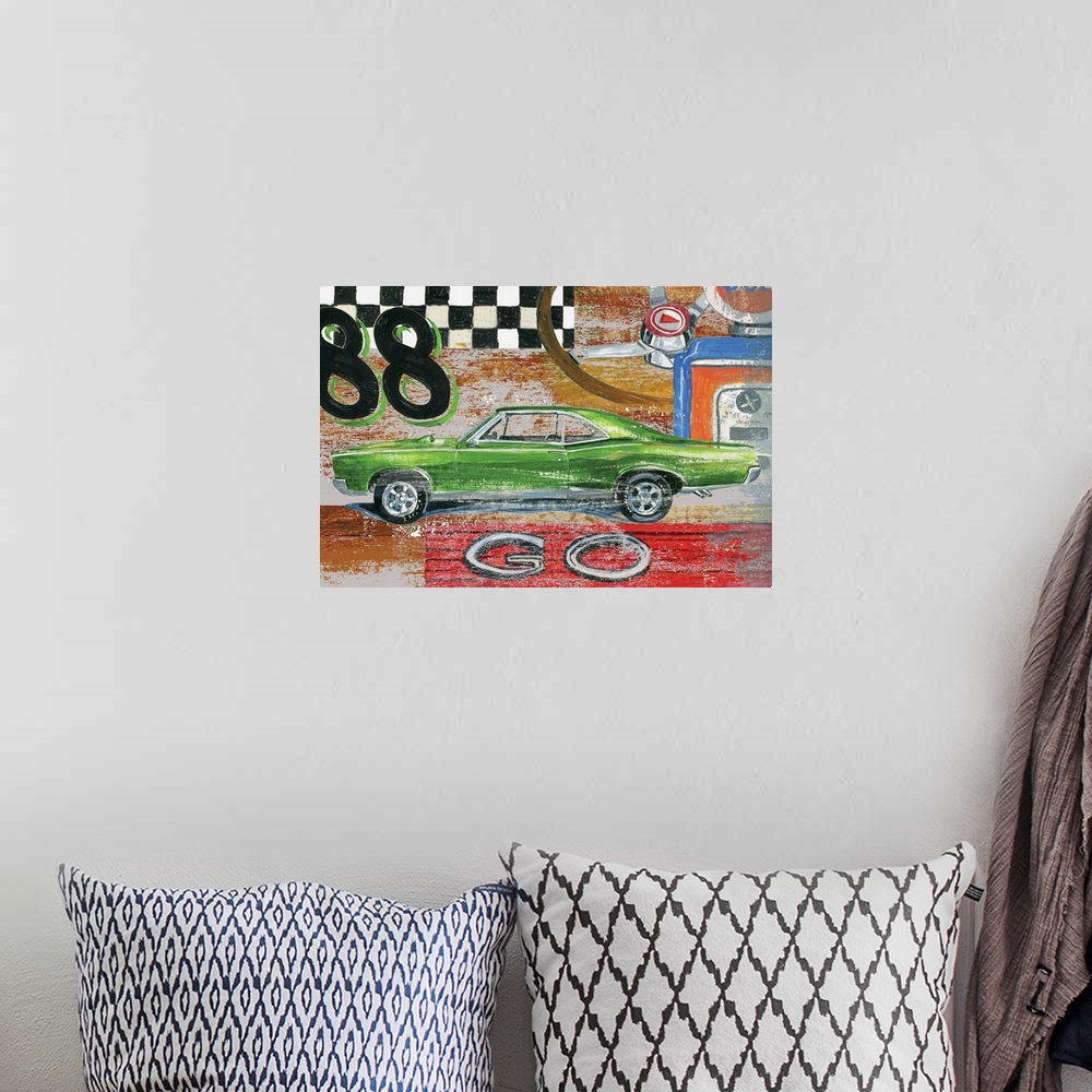 A bohemian room featuring Celebrating muscle cars of the past in all their glory.