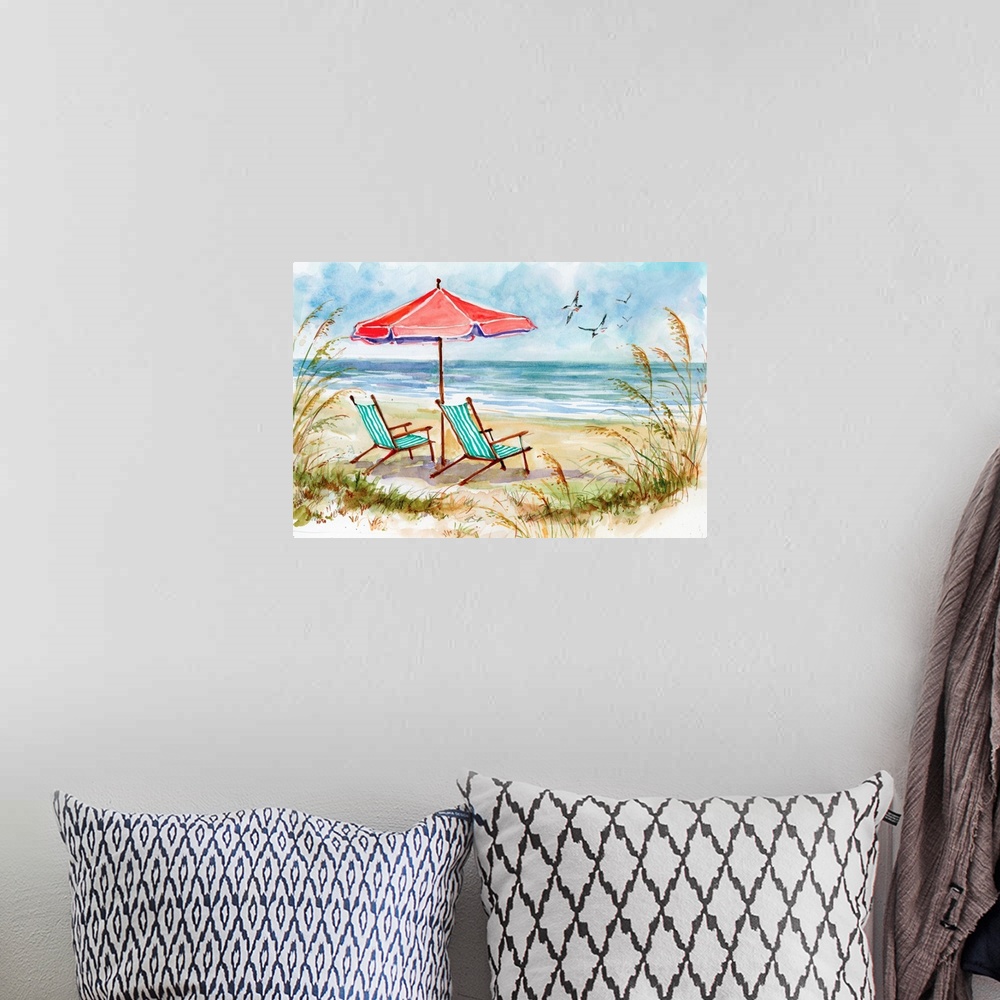 A bohemian room featuring A wispy watercolor feel evokes a sunny day by the shore.