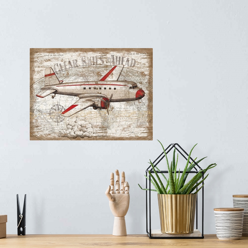 A bohemian room featuring Big wall docor of a retro airplane with the text "Clear Skies Ahead" above it on top of a grungy ...