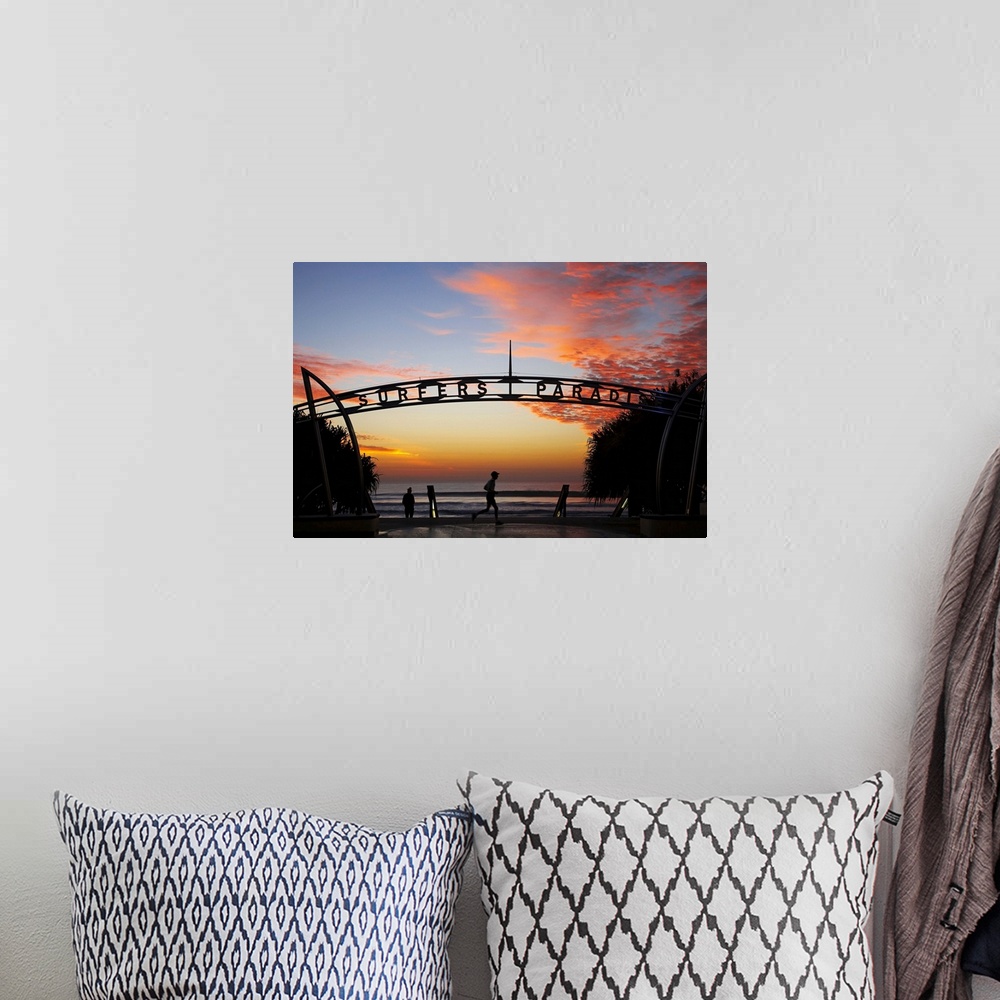 A bohemian room featuring Australia, Queensland, Gold Coast, Jogger and Sign at Sunrise, Surfers Paradise