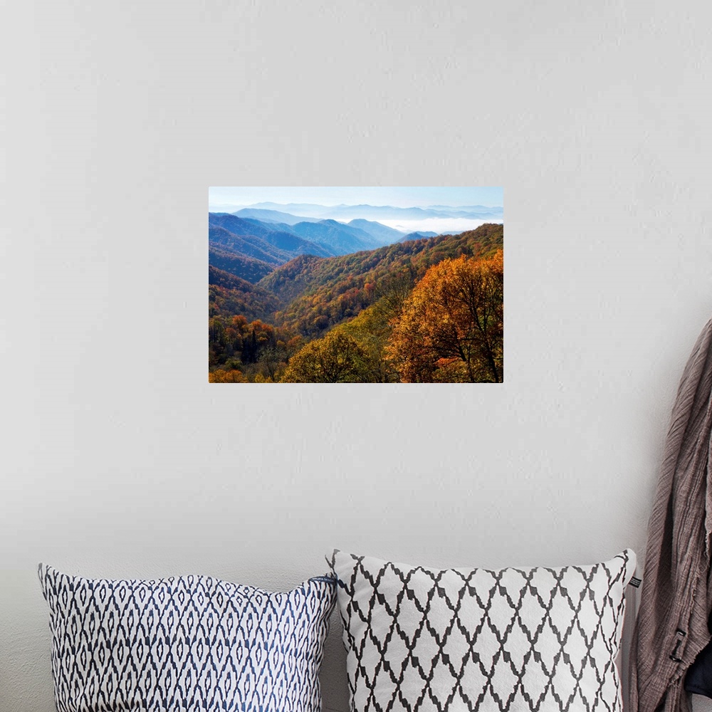 A bohemian room featuring Autumn color on trees, mountain vista, fog in valley, Great Smoky Mountain National Park, Tennessee