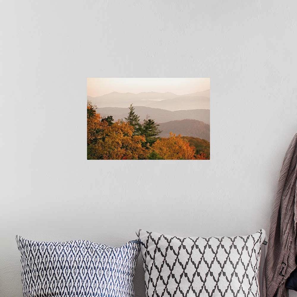 A bohemian room featuring Autumn colors in the southern Appalachian Mountains at sunrise, from Blue Ridge Parkway, Pisgah N...