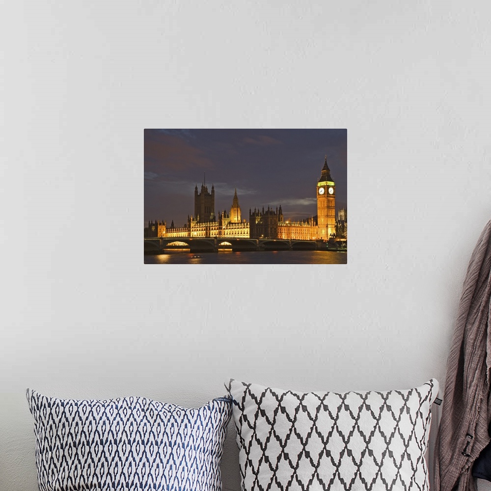 A bohemian room featuring Europe, Great Britain, London. Big Ben and the Houses of Parliament are illuminated at night. Cre...
