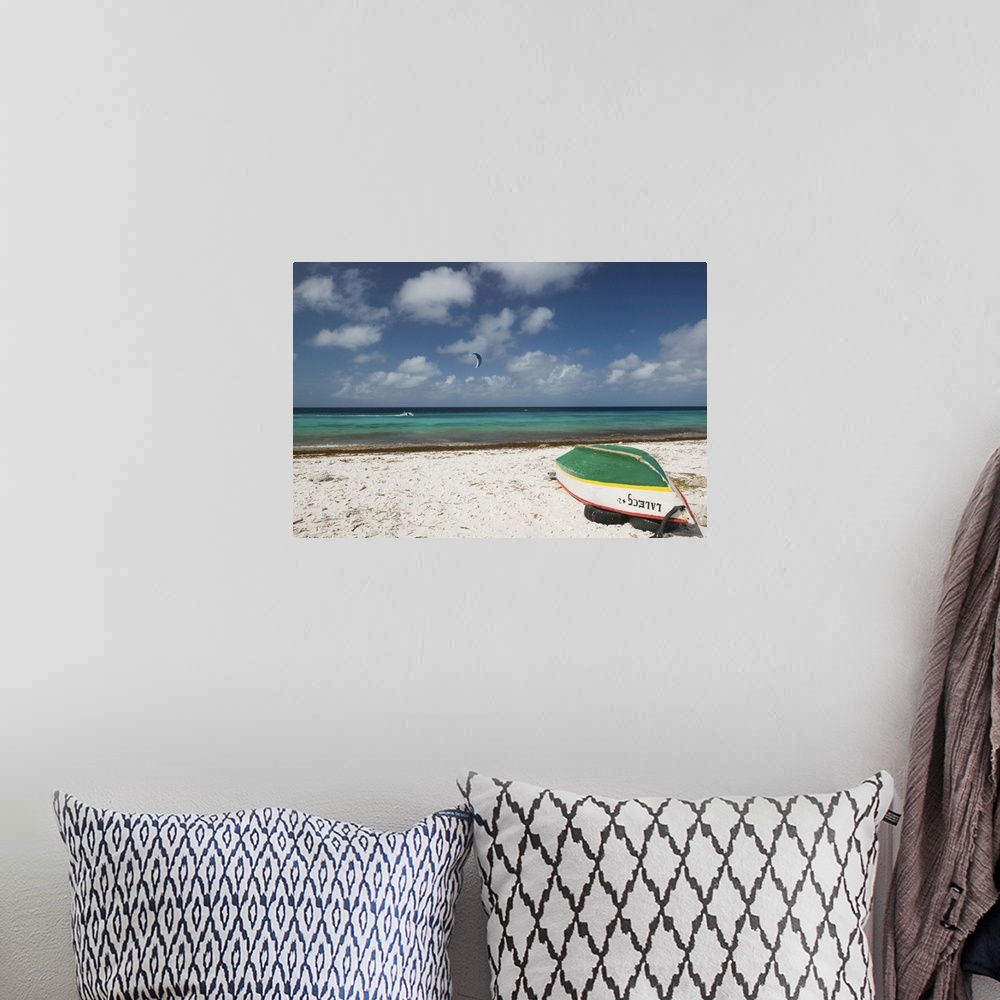 A bohemian room featuring ABC Islands - BONAIRE - Pink Beach: Beach View with Fishing Boat
