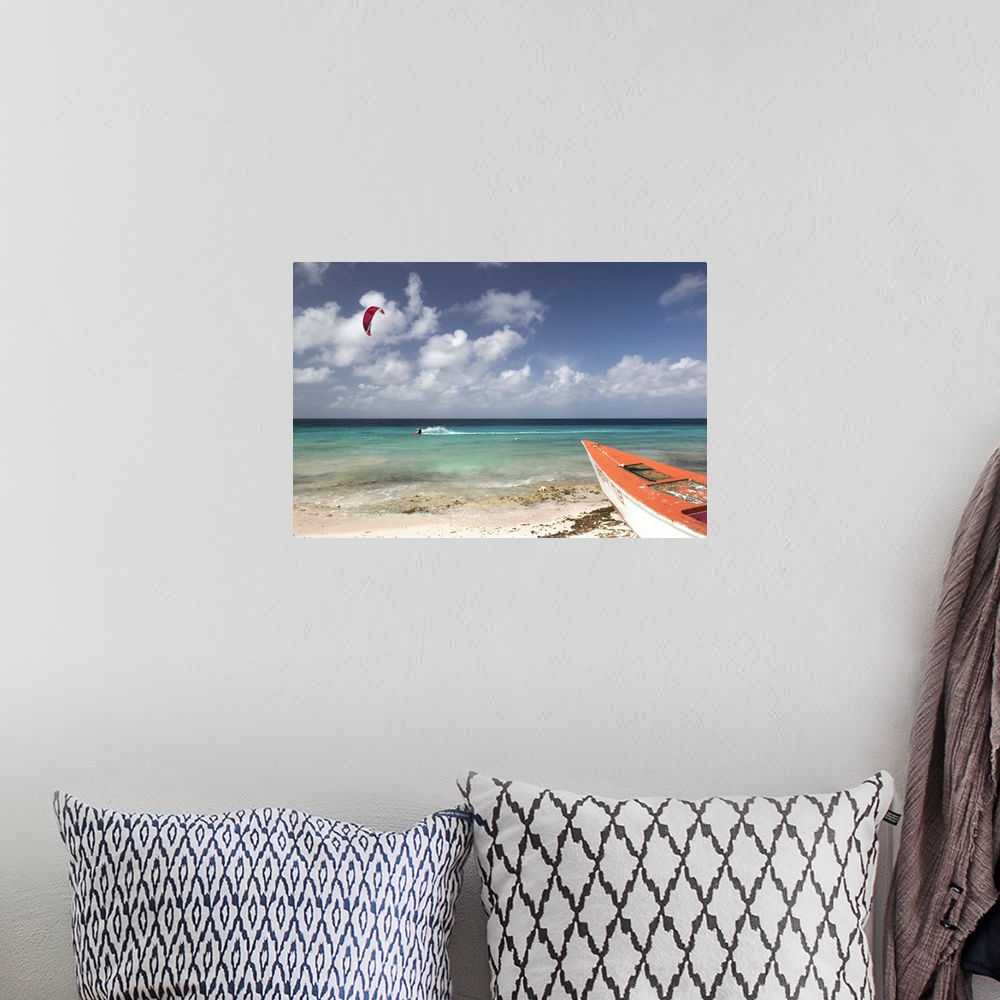 A bohemian room featuring ABC Islands-BONAIRE-Pink Beach:.Beach View with Fishing Boat