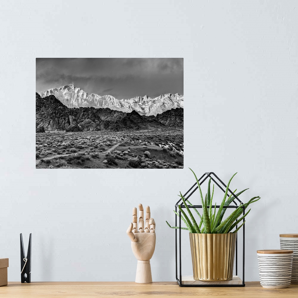 A bohemian room featuring USA, California, Eastern Sierra, Lone Pine, Lone Pine Peak (left) and Mount Whitney (right) from ...