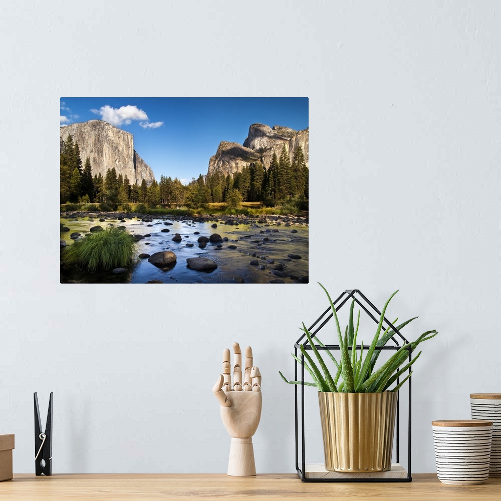 A bohemian room featuring USA, California, Yosemite National Park, The Merced River, El Capitan, and Cathedral Rocks in Yos...