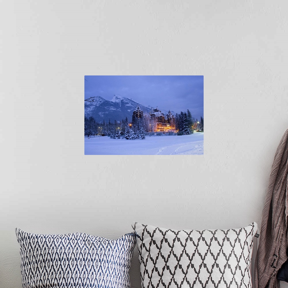 A bohemian room featuring Banff Springs Hotel in snowy evening light.  Banff, Canada
