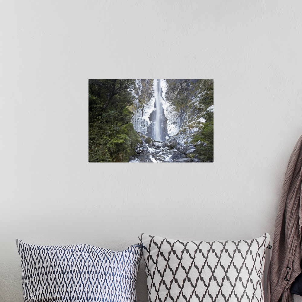 A bohemian room featuring Devils Punchbowl Falls, Frozen in Winter, Arthur's Pass, Canterbury, South Island, New Zealand
