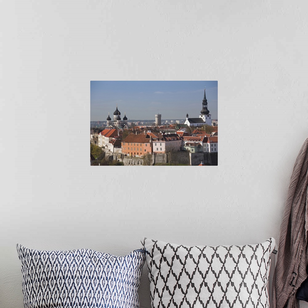 A bohemian room featuring Estonia, Tallinn, Old Town, elevated view of Toompea from St. Olaf's Church Tower