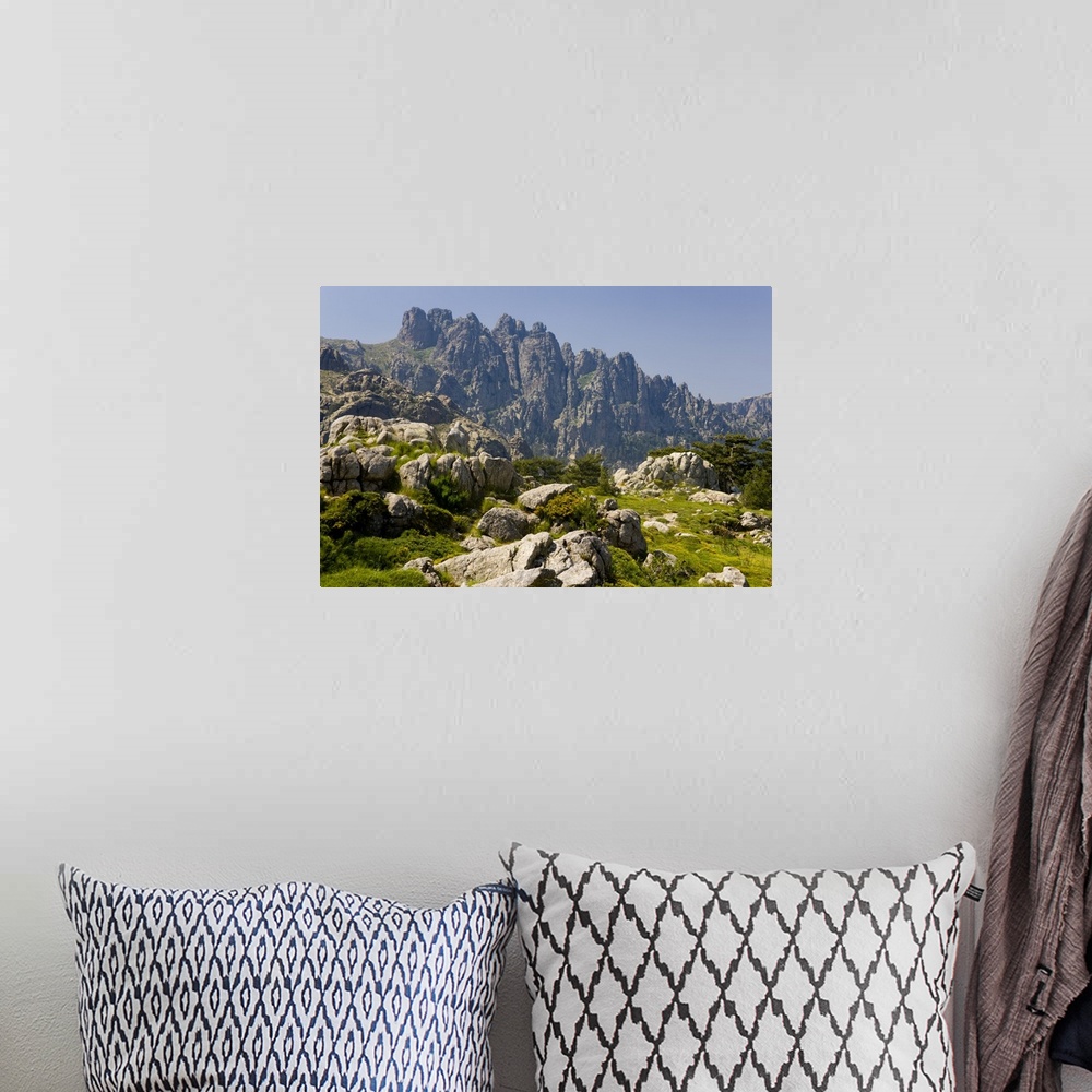A bohemian room featuring Corsica. France. Europe. Granite boulders, gorse in bloom, and pinnacles of Aiguilles de Bavella....