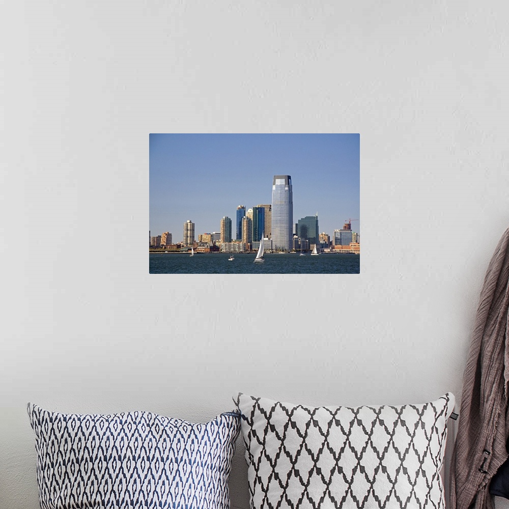 A bohemian room featuring Goldman Sachs Tower in Jersey City, New Jersey, USA.