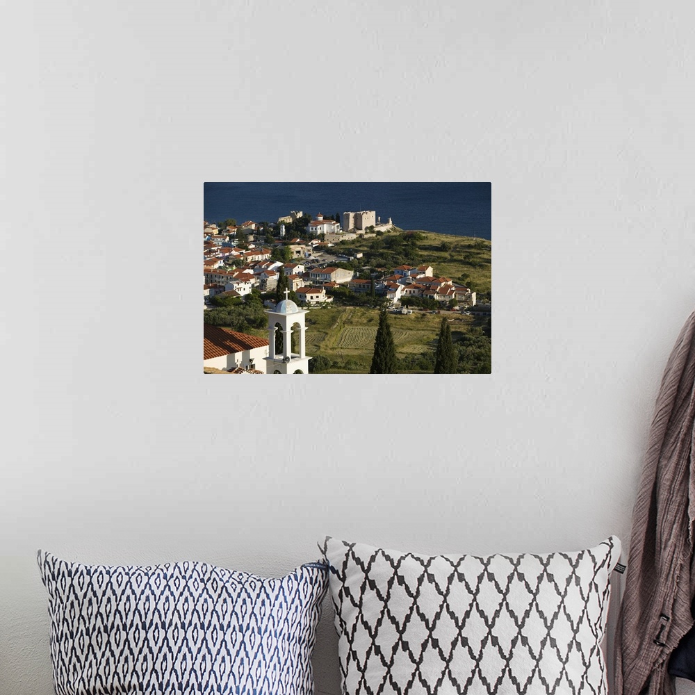 A bohemian room featuring GREECE-Northeastern Aegean Islands-SAMOS-Pythagorio: Town View with Belltower of the Moni Panagia...