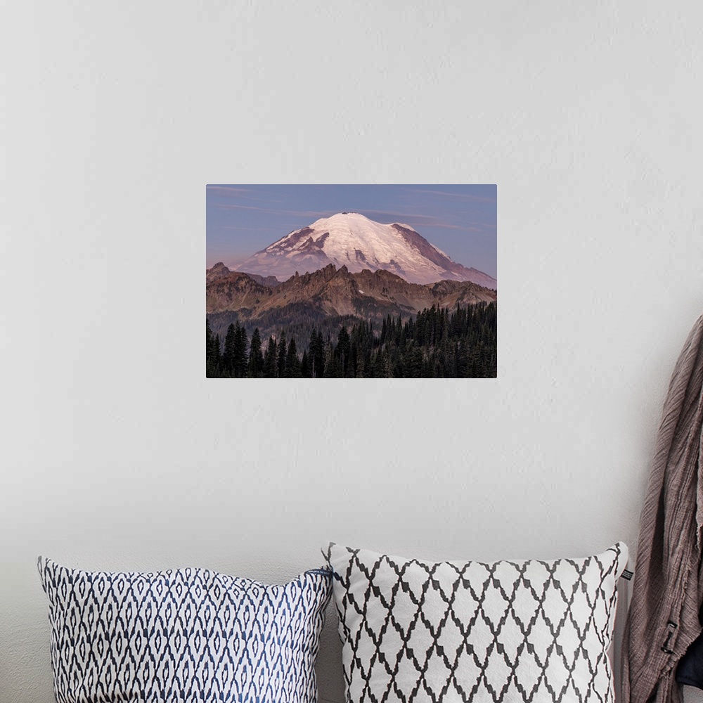 A bohemian room featuring Mount Rainier at sunrise in Mount Rainier National Park, Washington State, USA.