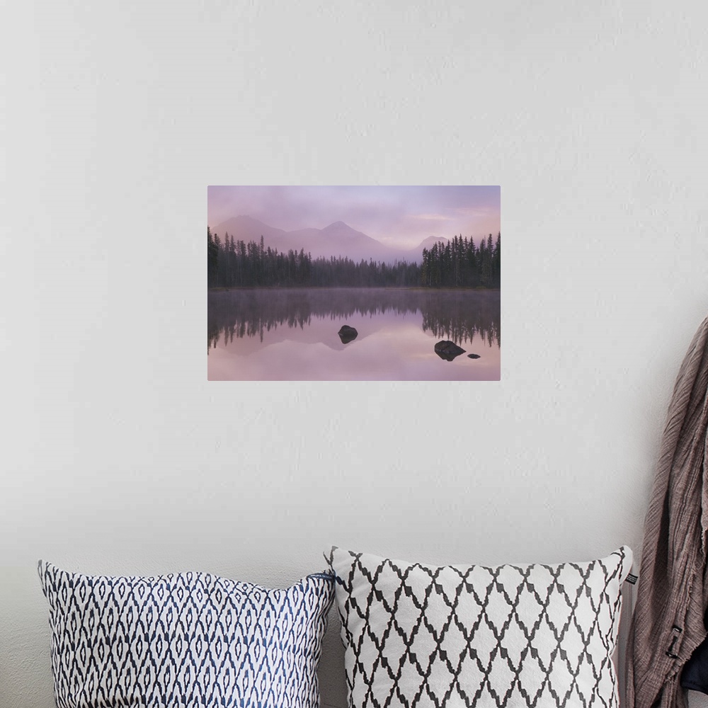 A bohemian room featuring USA, Oregon, Willamette National Forest. Foggy sunrise on Scott Lake and Three Sisters mountains.