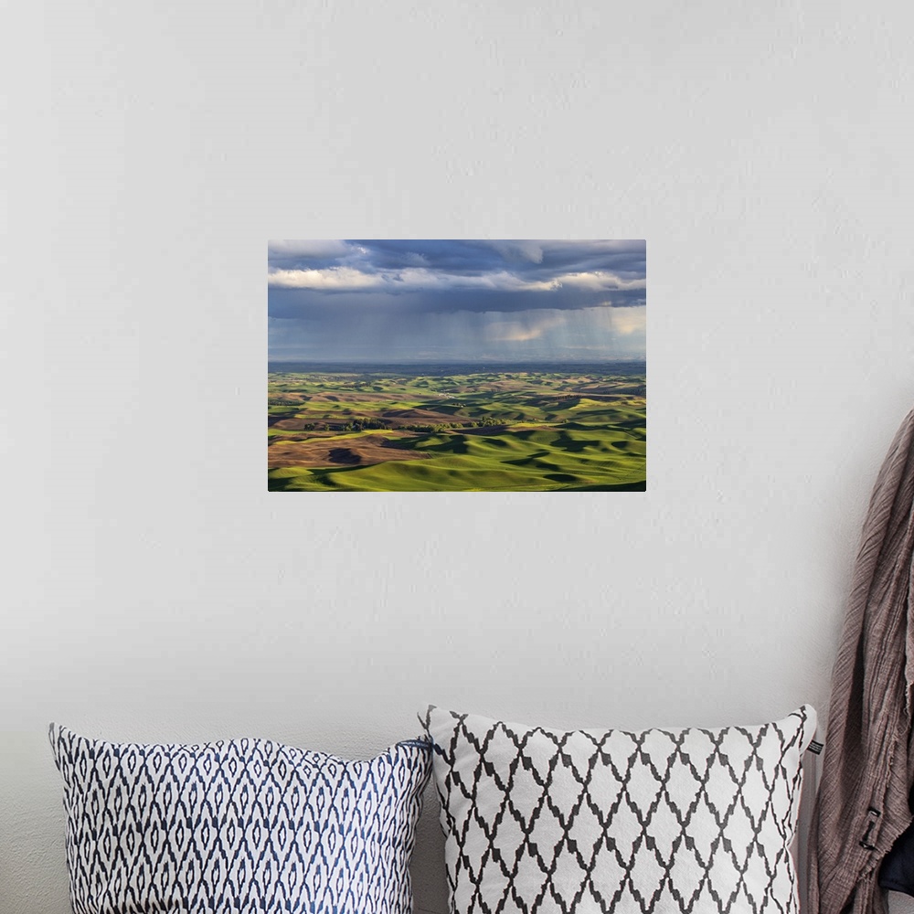 A bohemian room featuring Stormy clouds over rolling hills from Steptoe Butte near Colfax, Washington State, USA.