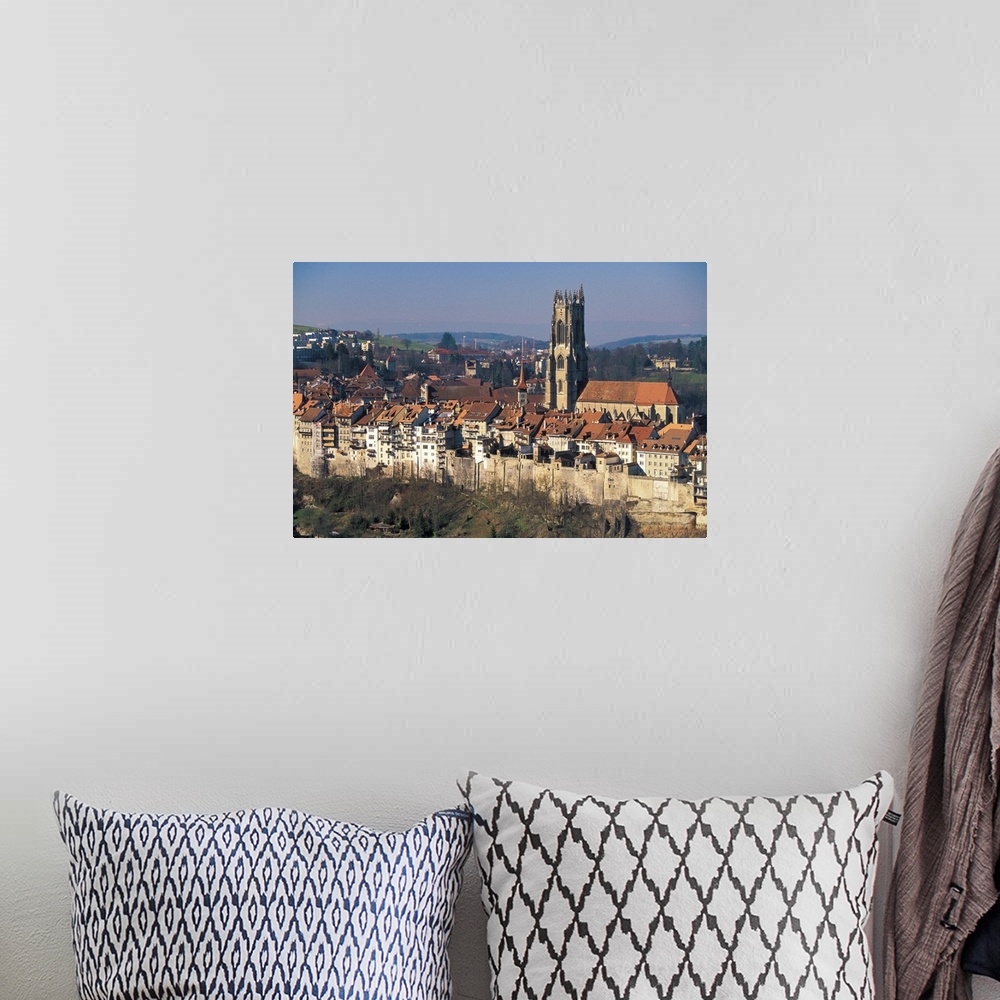A bohemian room featuring Europe, Switzerland, Fribourg. Cathedral St. Nicholas and city wall