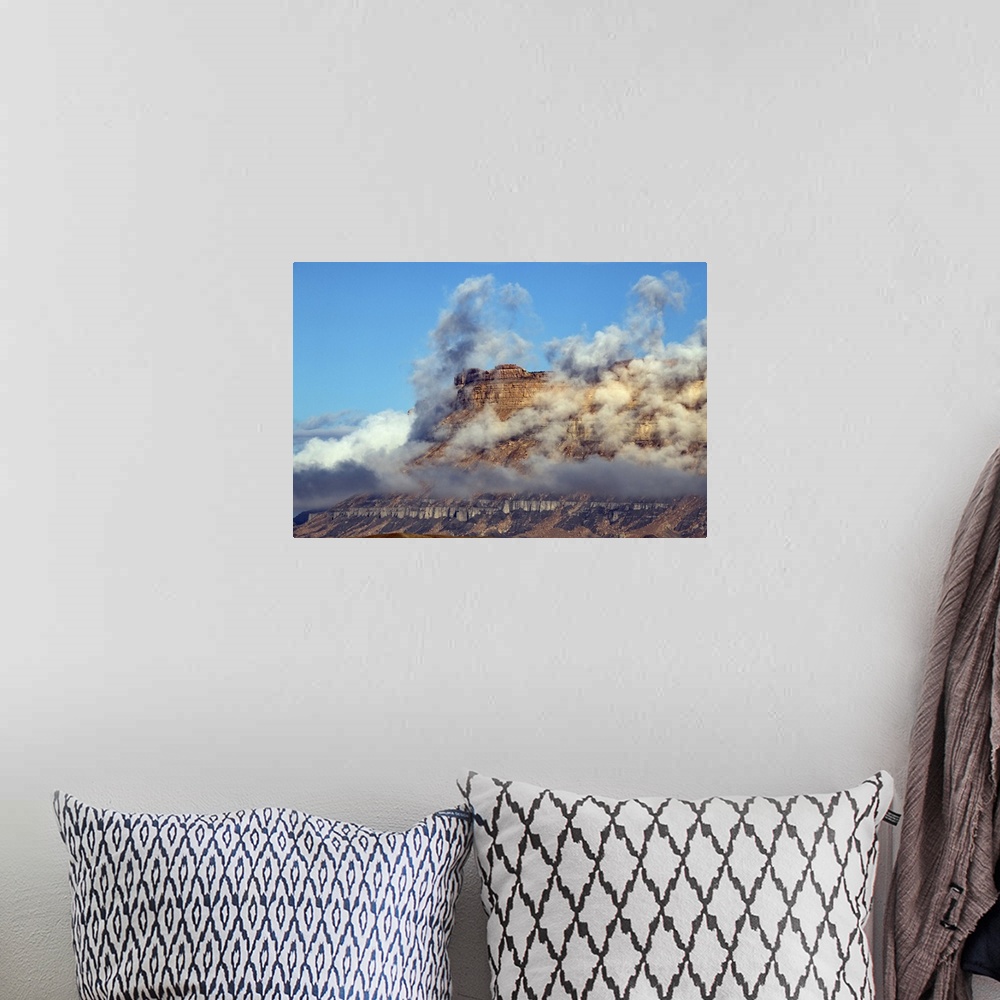 A bohemian room featuring USA, Utah. Green River, Cloud and Mist Shrouded Little Elliot Mesa. United States, Utah.