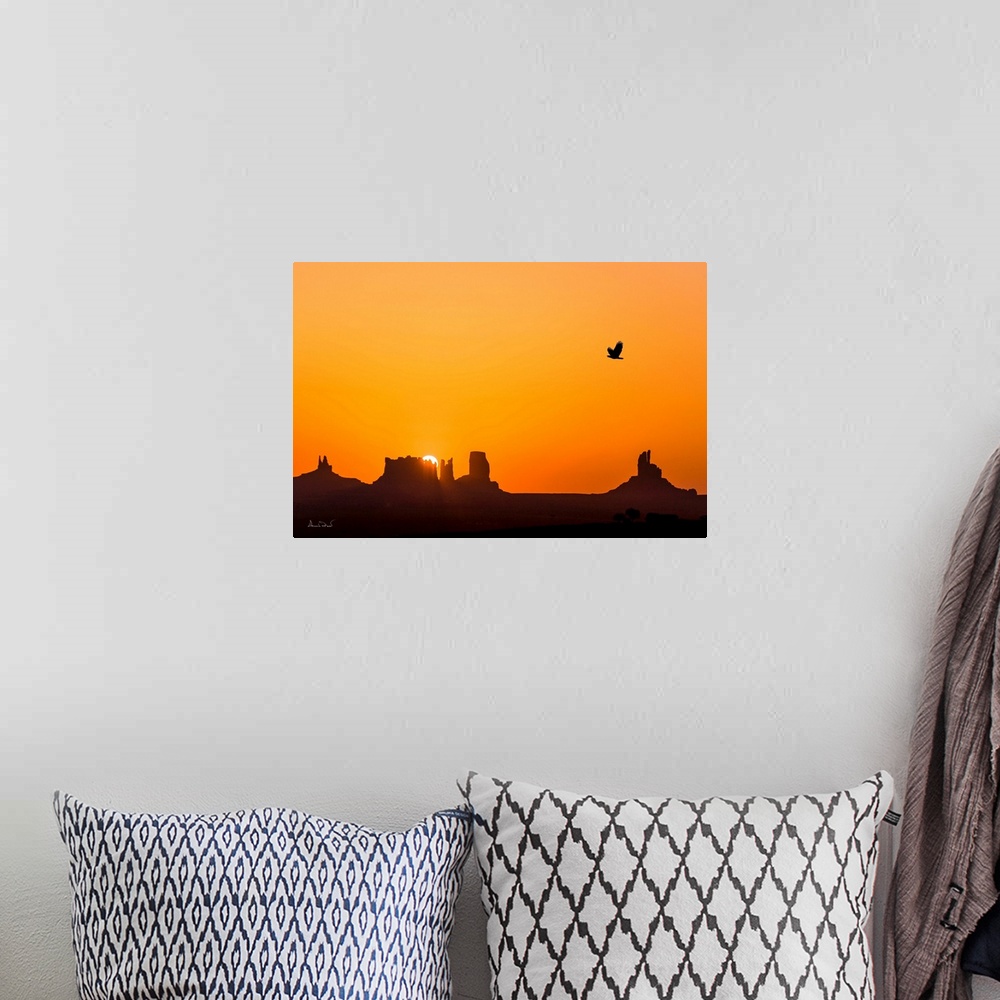 A bohemian room featuring Composite of glorious sunrise over the mittens of Monument Valley with a silhouette of a Bald Eag...