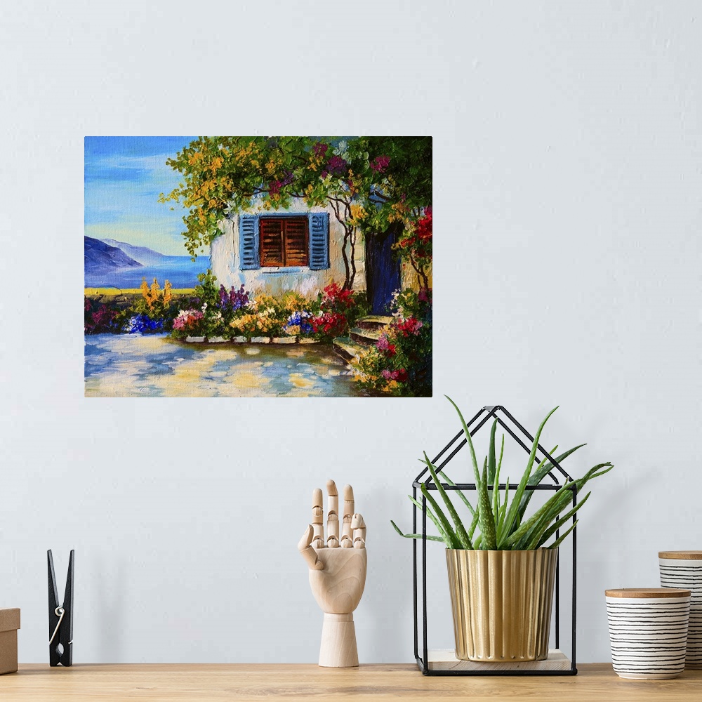 A bohemian room featuring Originally an oil painting on canvas of beautiful houses near the sea, abstract drawing.