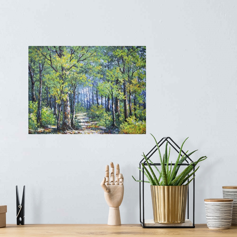 A bohemian room featuring Originally an oil painting of a walkway in forest.