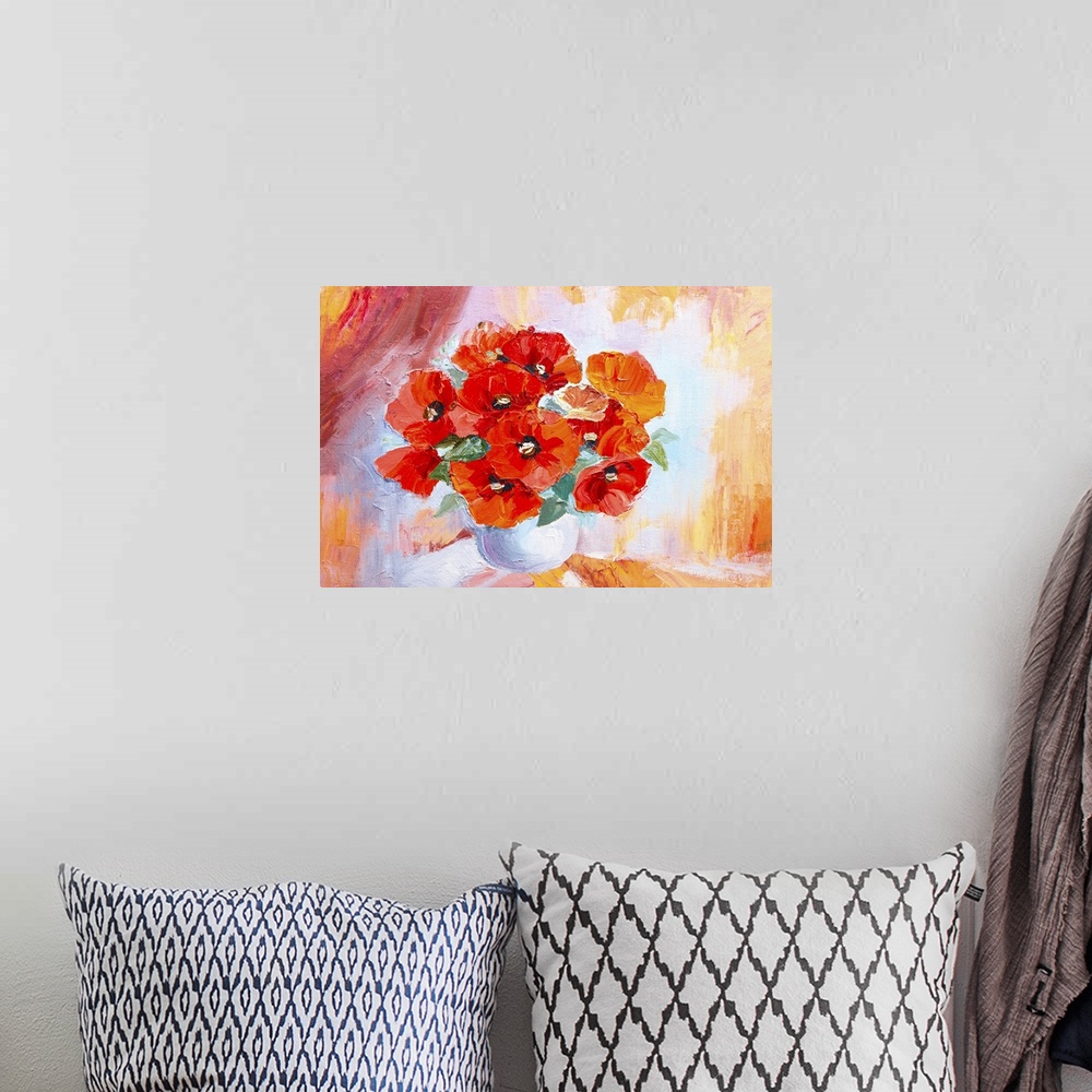 A bohemian room featuring Originally an oil painting still life, abstract watercolor bouquet of poppies.