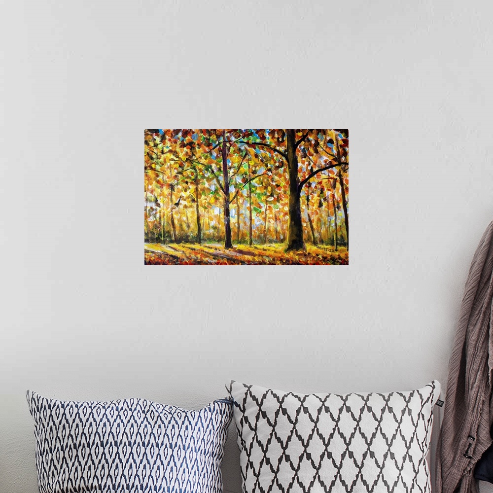 A bohemian room featuring Autumn forest landscape, originally an oil painting.