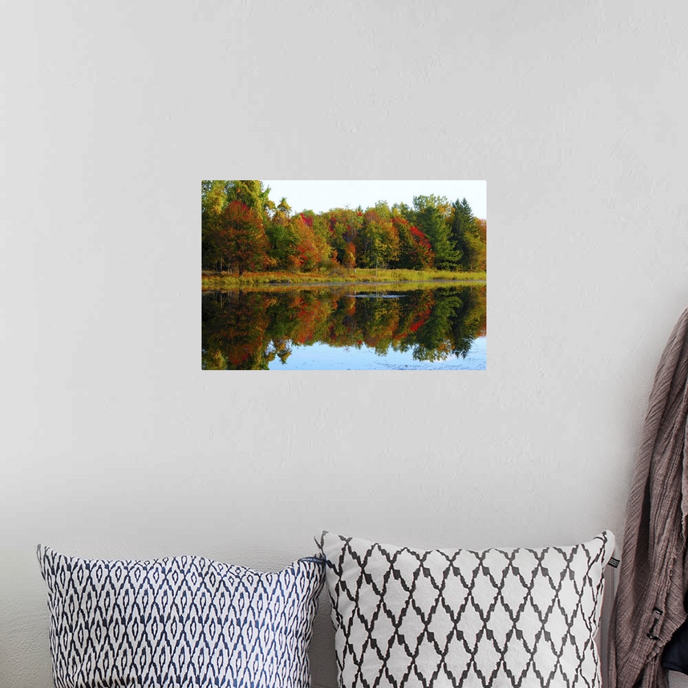 A bohemian room featuring Scenic autumn lake in late September.