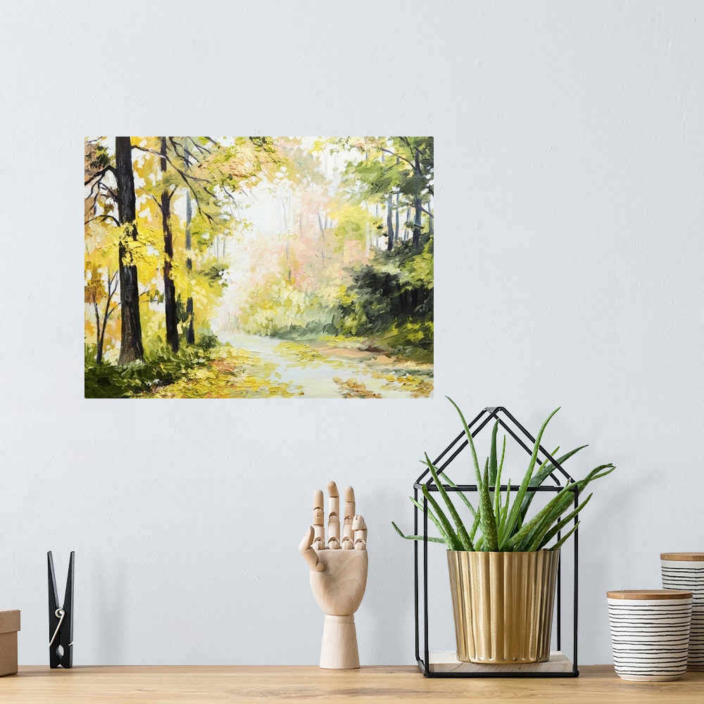 A bohemian room featuring Originally an oil painting of an autumn landscape, road in a colorful forest.