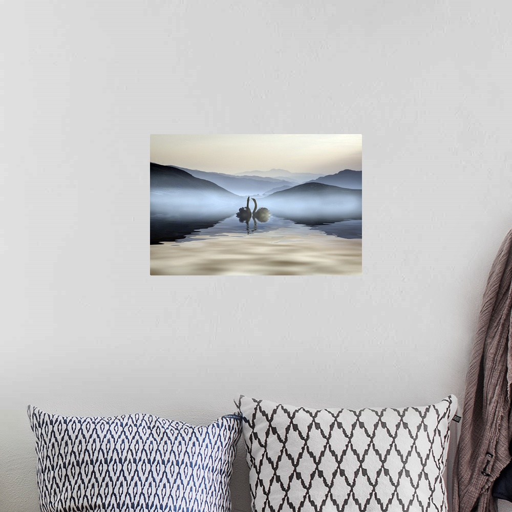A bohemian room featuring Beautiful romantic image of swans on a misty lake with mountains.
